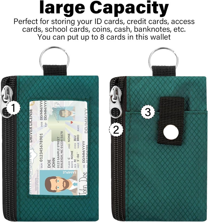 ZHOMA Minimalist Small Wallet for Men Women with 2 Zip Pockets, Multi Functional ID Case with Keychain and Card Holder, Coin Purse Badge Lanyard Pouch for Boys Girls Travel -DarkGreen - Image 3